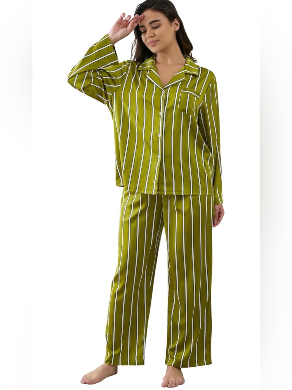 Olive Green Print Pajama Set 2 Piece: Button Down Shirt and Pants long sleeve